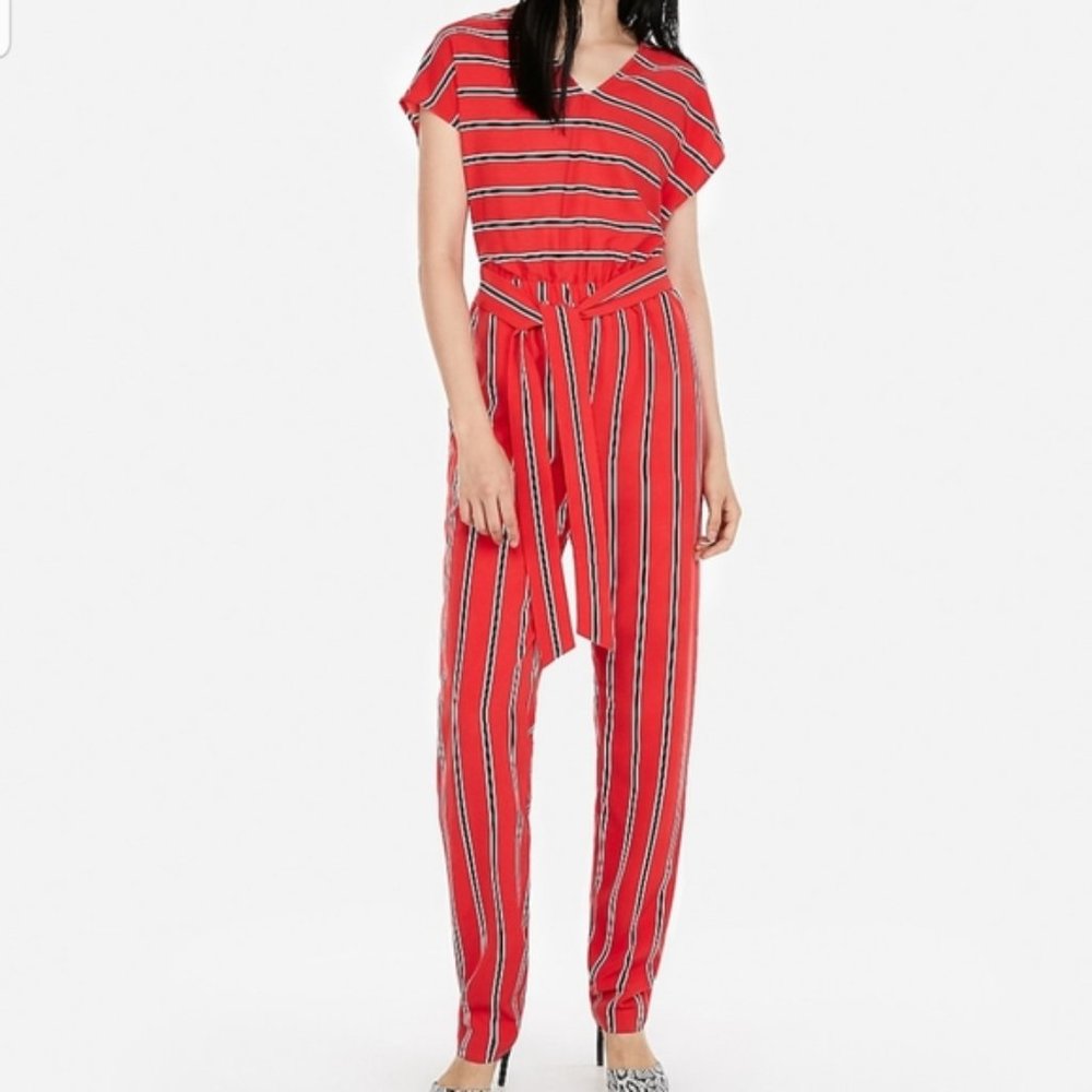 Express Stripe V-NECK Short Sleeve Jumpsuit Sz XS